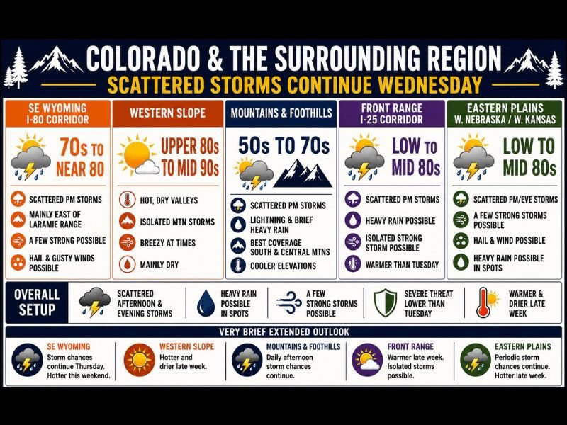 Damaging Winds Hail and Isolated Strong Storms Continuing Across Colorado and Surrounding Region With Heat Building Into the 80s and 90s by Thursday