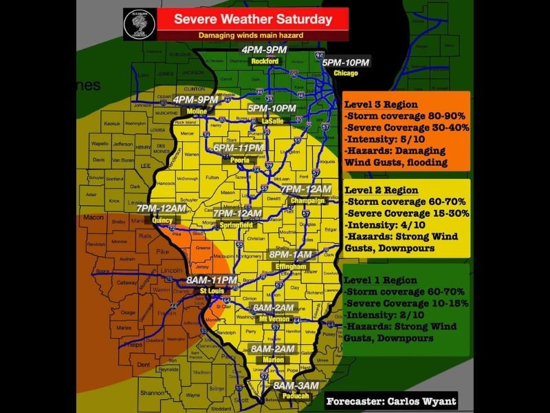 Damaging Winds Up to 65 MPH Squall Line Targets Rockford, Chicago, Peoria, and Springfield as Severe Weather Saturday Sweeps Illinois From 4 PM Through 3 AM Sunday
