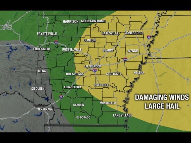 Damaging Winds and Large Hail Targeting Eastern Arkansas Including Little Rock Jonesboro and Searcy With Severe Storms Drifting South Monday Evening