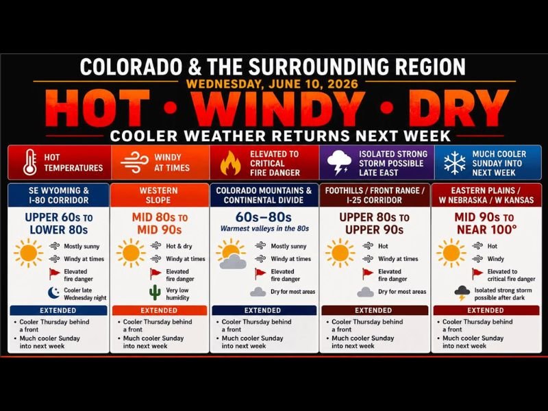 Dangerous Heat, Gusty Winds, and Critical Fire Danger Sweep Colorado, Western Kansas, and Western Nebraska With Near-100° Temps and Isolated Strong Storms Possible After Dark