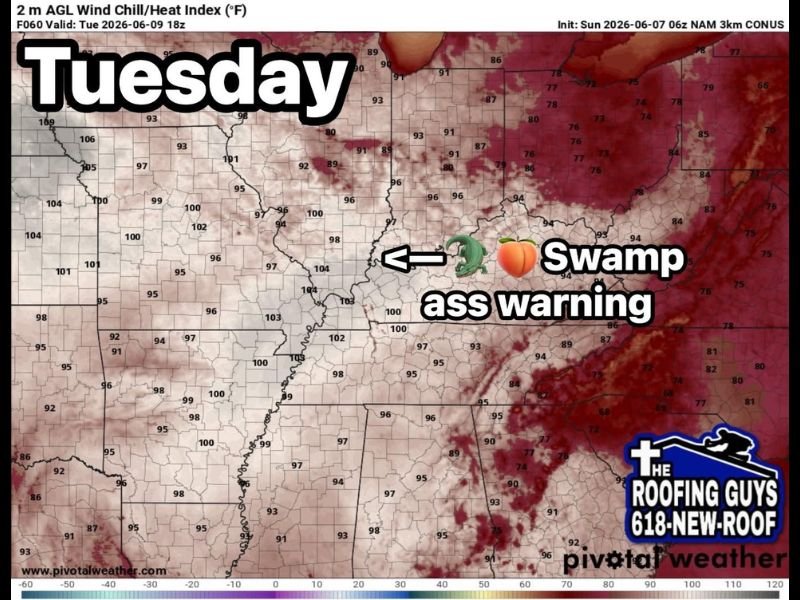 Dangerous Heat Index Values Exceeding 100 Degrees Spreading Across the Central United States With High to Extreme Humidity Tuesday June 9th