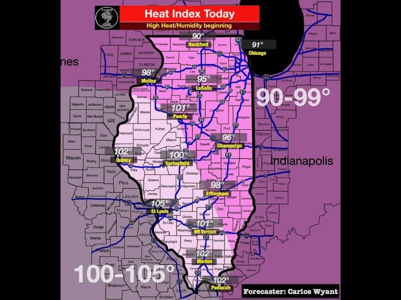Dangerous Heat Index Values of 100 to 105 Degrees Arriving Across Illinois Including Peoria Springfield Quincy and Mt Vernon With Full Statewide Coverage Wednesday