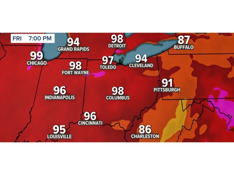 Dangerous Heat Index Values of 95 to 99 Degrees Targeting Ohio Indiana Illinois and Michigan Including Chicago Columbus Toledo and Detroit Next Week Thursday Into Saturday