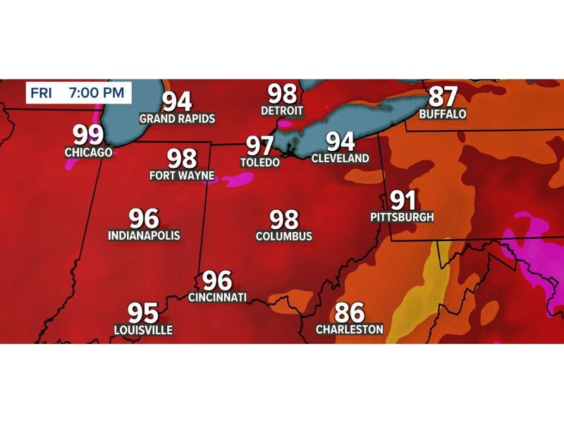 Dangerous Heat Index Values of 95 to 99 Degrees Targeting Ohio Indiana Illinois and Michigan Including Chicago Columbus Toledo and Detroit Next Week Thursday Into Saturday