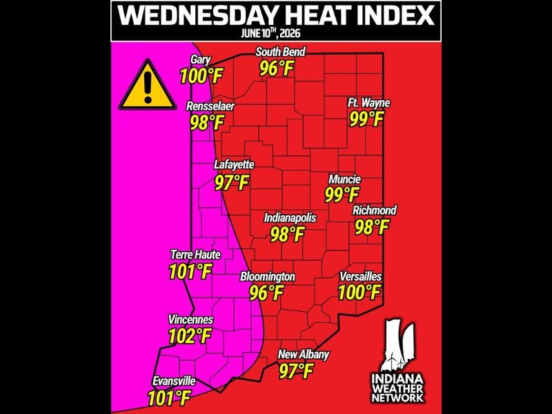 Dangerous Heat Index Values of 96 to 102 Degrees Blanketing All of Indiana Including Indianapolis Fort Wayne Evansville and Terre Haute Wednesday June 10th