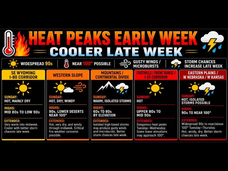 Dangerous Heat Peaking Near 100 Degrees Across Colorado Including Denver Front Range Eastern Plains and Western Slope Tuesday Through Wednesday