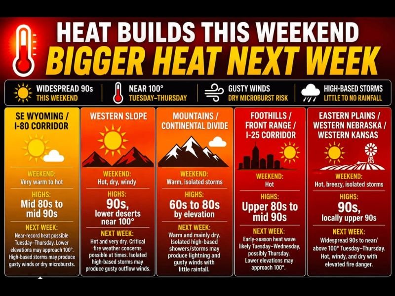 Dangerous Heat Wave Building Across Colorado With Widespread 90s This Weekend and Near 100 Degrees Tuesday Through Thursday Across Denver