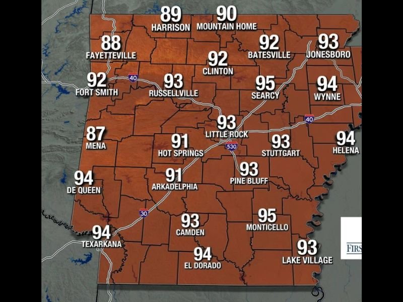 Dangerous Heat and Humidity Grip Arkansas as Searcy, Monticello, and Wynne Near and Top 95°F Heat Index Values Soaring Past 100 This Wednesday
