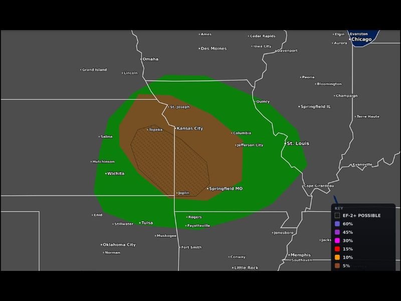 EF-2+ Tornadoes Possible From Joplin to Topeka and Kansas City as Tornado Probability Map Flags a Significant Threat Across Kansas and Missouri This Saturday