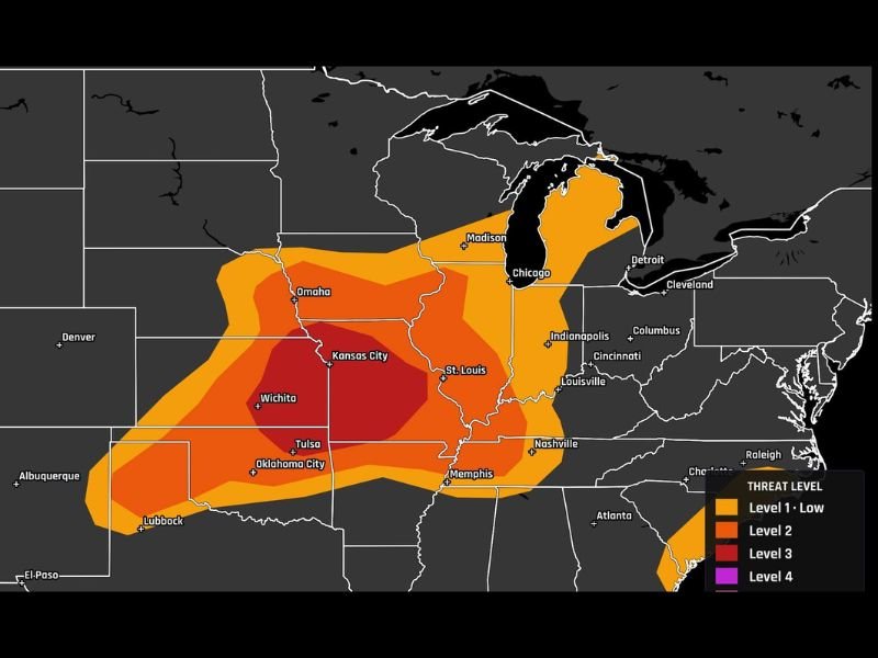 Enhanced Risk Level 3 Severe Weather Hits Missouri, Kansas, and Oklahoma With 75+ MPH Winds, Large Hail, and Tornadoes Possible in Multiple Rounds This Saturday