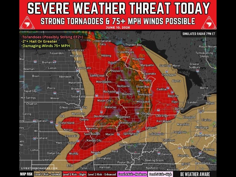 Enhanced Risk Level 3 Severe Weather Threat Targets Minnesota, Wisconsin, Iowa, Illinois, and Missouri With Strong Tornadoes, 2″+ Hail, and 75+ MPH Winds Today