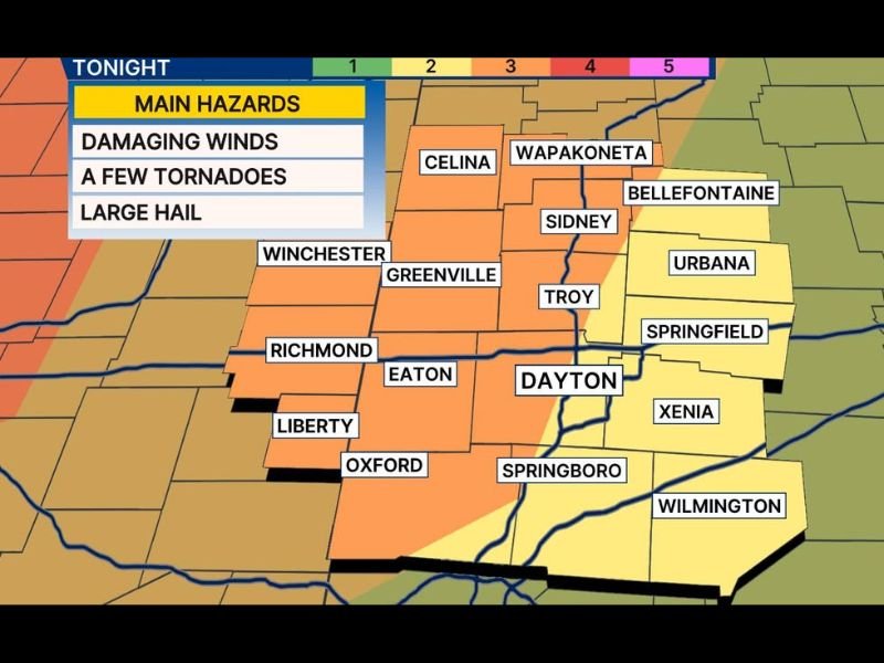 Enhanced Risk Severe Weather With 60 to 70+ MPH Winds and Tornadoes Targets Dayton, Springfield, and Greenville Ohio With Main Storm Window Running 10 PM to 4 AM Tonight