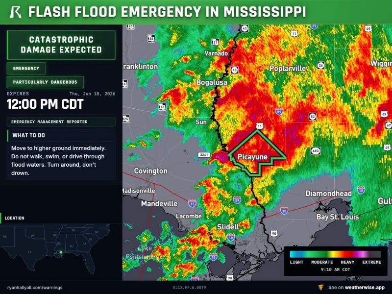 Flash Flood Emergency Declared for Picayune and Nicholson Mississippi as Catastrophic Life-Threatening Flooding Hits With Multiple Roads Flooded