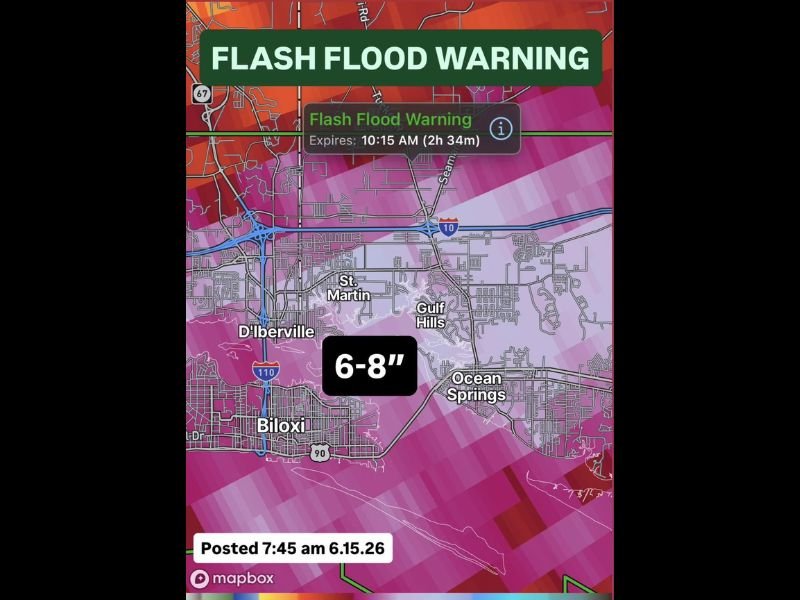 Flash Flood Warning Issued for Biloxi, D’Iberville, and Ocean Springs as Nearly 8 Inches of Rain Falls This Morning With Torrential Downpours Continuing Through 10:15 AM