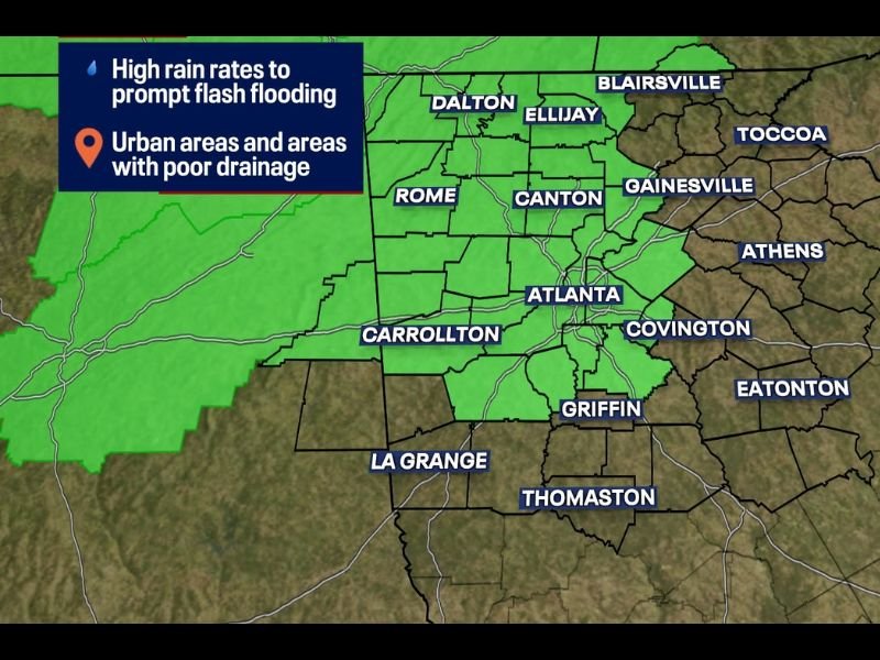 Flash Flood Watch With 3 to 4 Inch Rainfall Totals Possible Across Metro Atlanta and Northwest Georgia Including Rome Canton and Gainesville Until 9 PM Monday