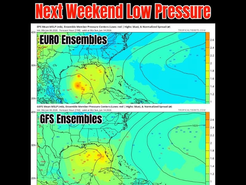 Gulf Low Pressure Signal Continues on EURO and GFS Ensembles With Sloppy Rain Threat Possible Along the Gulf Coast Around Next Weekend June 14th