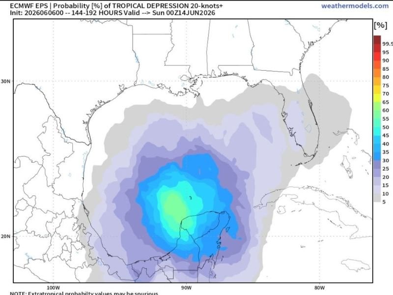 Gulf Tropical Blob Tracking West and Remaining a Non-Factor for the US Coast With Weak Rainmaker Expected to Stay Over Open Gulf Around June 14th