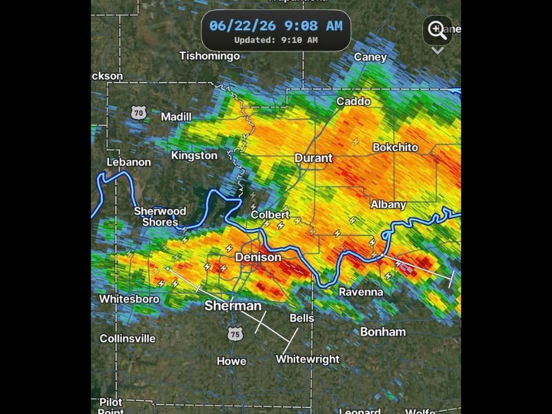 Heavy Rain Crosses Red River Into Texas Soaking Denison Sherman and Bells Monday Morning After Two Inches Already Fell Earlier Today