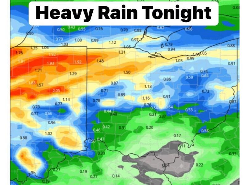 Heavy Rain Tonight Could Bring One to Two Inches Across Northern Ohio and Indiana With Isolated Totals Topping Three Inches by Monday Morning