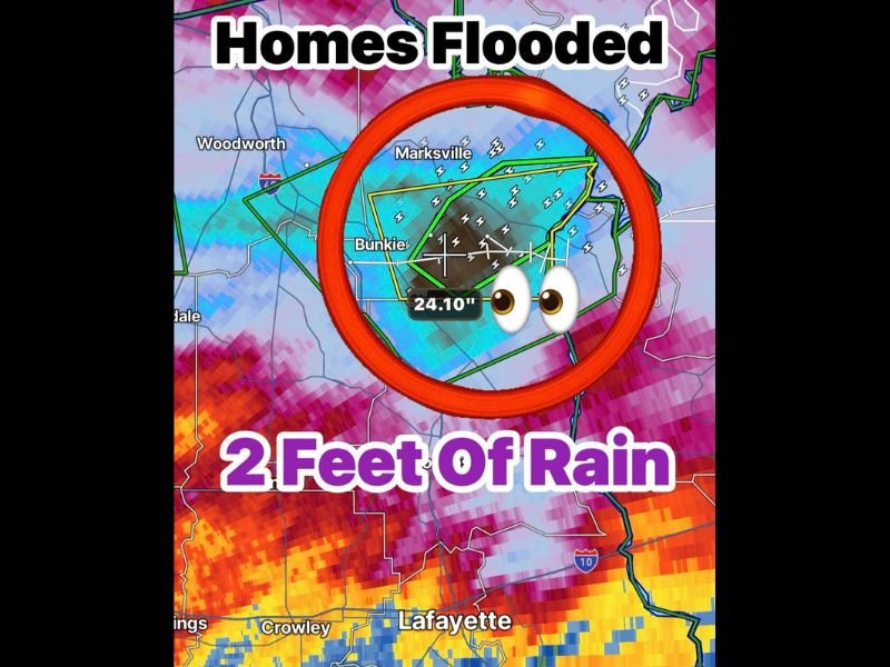 Homes Flooded as Arthur Remnants Dump Nearly 2 Feet of Rain Near Marksville and Bunkie as Training Storms Continue Hammering North of Lafayette Louisiana