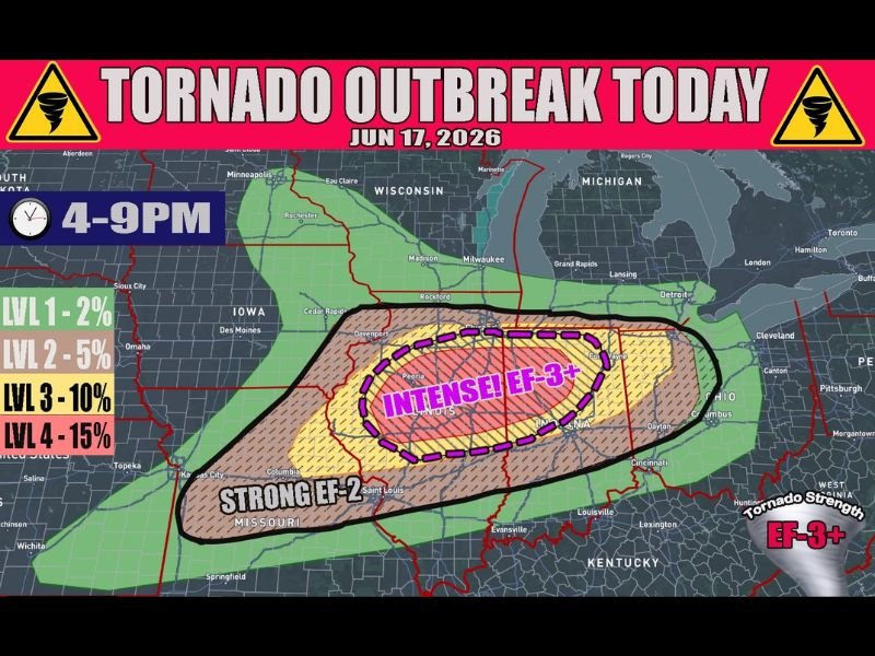 Intense EF3+ Tornado Outbreak Targets Central Illinois and Western Indiana With Large Hail and Destructive Winds as Fast-Moving Storms From 4 to 9 PM