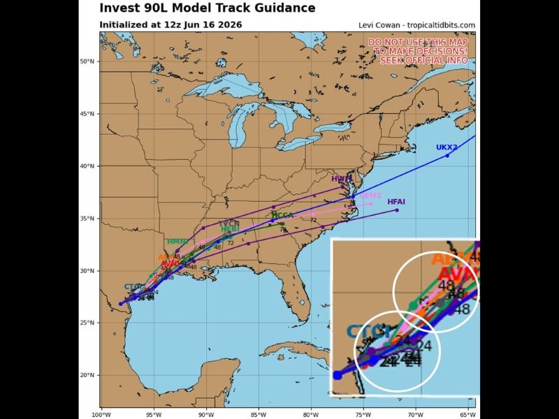Invest 90L Model Tracks Show Eastward Shift With More Time Over Water Raising Development Odds as System Eyes the Gulf Coast and Southeast Through Midweek