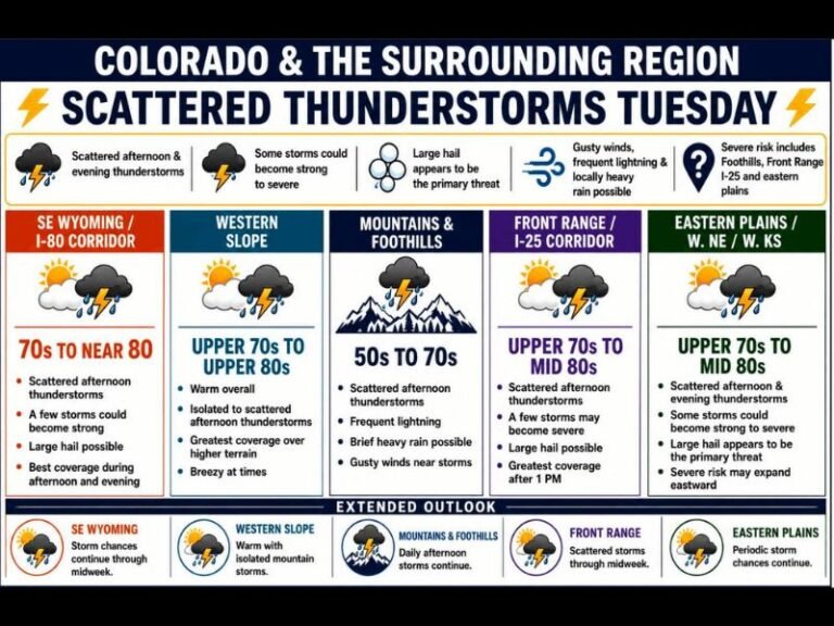 Large Hail Damaging Winds and Scattered Severe Thunderstorms Targeting Colorado Including Denver Front Range Foothills and Eastern Plains Tuesday Afternoon Into Evening