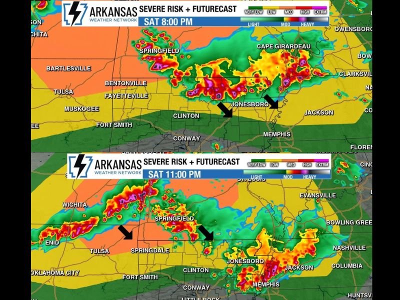 Large Hail and Damaging Winds Threaten Fayetteville, Jonesboro, and Bentonville in Northern Arkansas With Two Storm Rounds From 6 PM Saturday