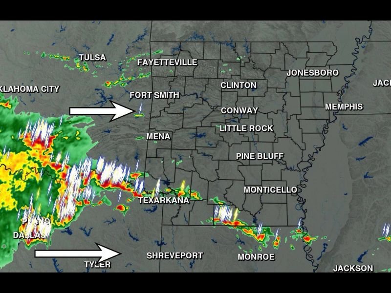 Large Storm Complex Heads Into Southern Arkansas Including Texarkana and Monticello With Rain and Thunder This Afternoon as Severe Risk Stays Low