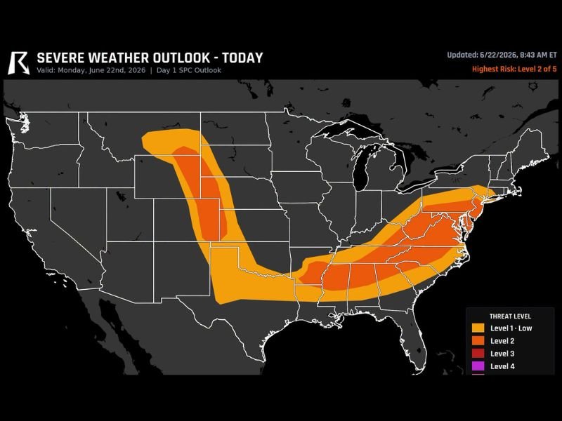 Level 2 Severe Weather Outlook Targets Northeast Colorado and Virginia North Carolina Today With Large Hail Damaging Winds and Quick Tornadoes Possible
