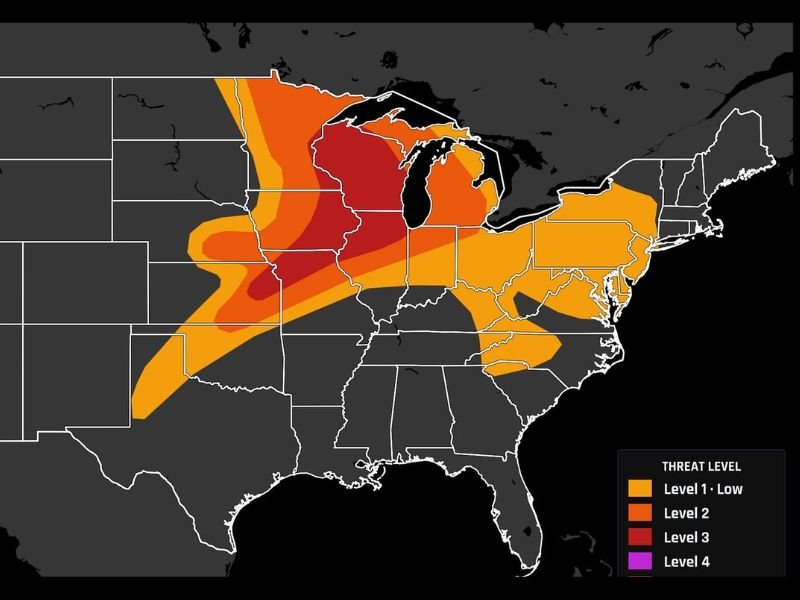 Level 3 Enhanced Risk Severe Weather Outbreak Targets Wisconsin, Iowa, and Illinois With EF2+ Tornadoes, 2″+ Hail, and 75 MPH Winds Possible Through Tonight