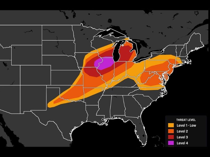 Level 4 Moderate Risk Severe Weather Outbreak Targets Eastern Iowa, Northern Illinois, and Chicago With Damaging Winds and Strong Tornadoes in Two Rounds Today