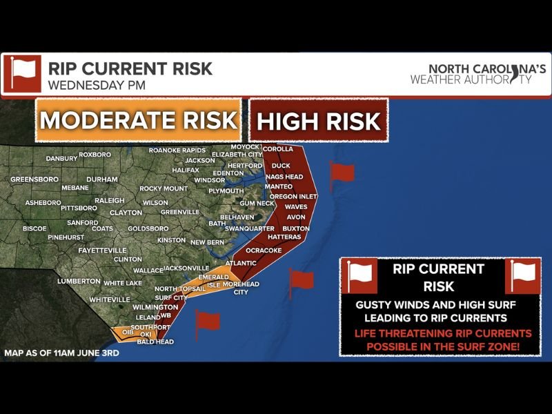 Life-Threatening Rip Currents at High Risk Level Targeting Entire Outer Banks From Ocracoke to Corolla Including Brunswick and New Hanover Counties Wednesday