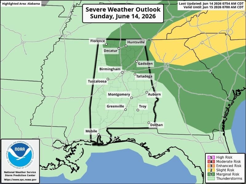 Marginal Risk for Strong Storms With Gusty Winds Targets North Alabama Including Huntsville and Birmingham This Afternoon as 3 to 5 Inches of Rain Possible