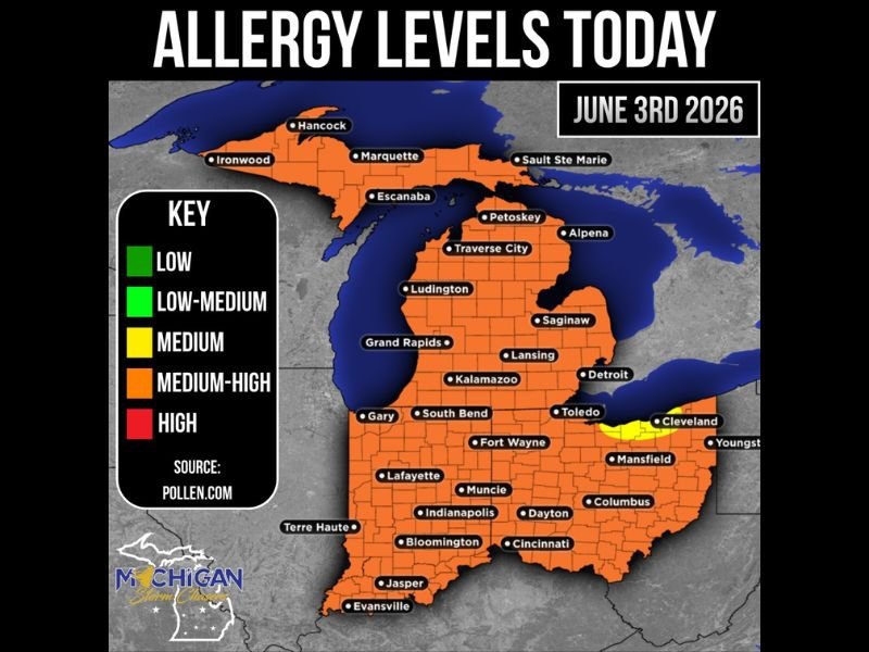 Medium-High Allergy Levels Blanketing Michigan Indiana and Ohio With Grass Hickory and Mulberry the Top Culprits Wednesday June 3rd