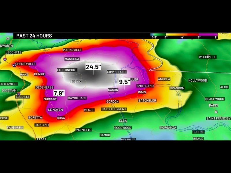 Monster 24.5 Inch Rainfall Total Recorded Near Simmesport Louisiana as Flooding and Washed-Out Roads Hit the Gulf Coast and Lower Mississippi Valley