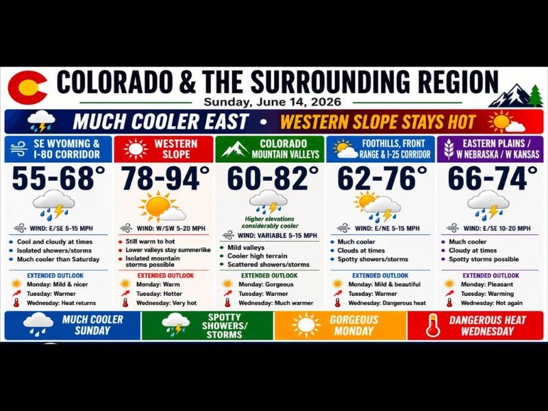 Much Cooler Air Settles East of the Divide Across Colorado With Spotty Storms Possible While Western Slope Stays Hot Near 94° Before Dangerous Heat Returns Wednesday