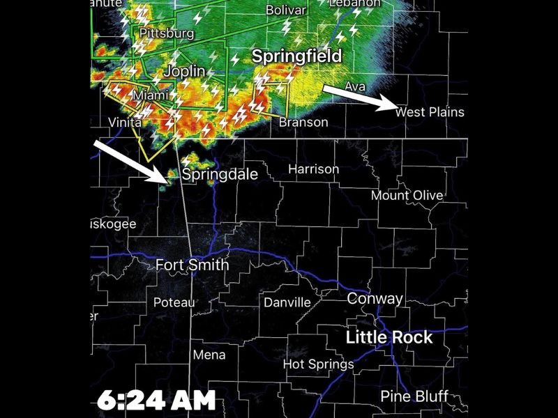Noisy Storm Complex Entering Northwest Arkansas Including Springdale and Harrison With Heavy Rain Lightning and Wind Drifting Toward Little Rock by Midday Monday