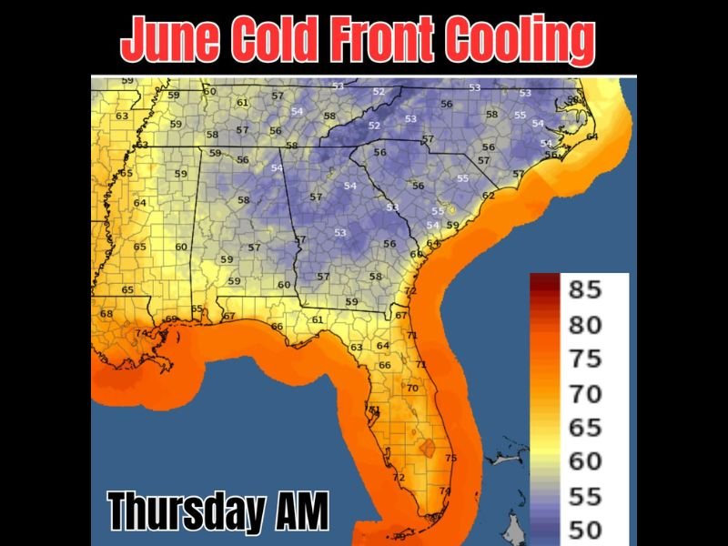 Rare June Cold Front Dropping Morning Lows Into the 50s Across the Southeast Including Georgia Tennessee and the Carolinas With Fall-Like Feel Arriving Thursday Into the Weekend