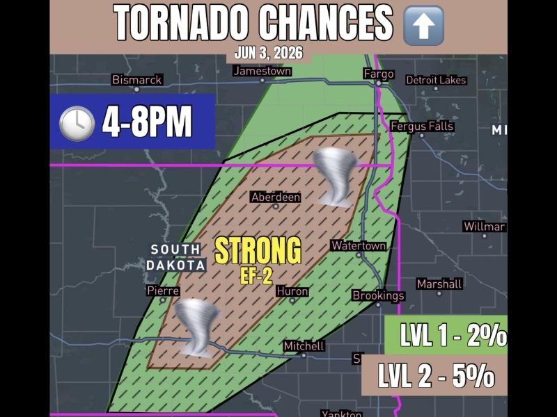 SPC Upgrades Strong EF-2 Tornado Threat Across South Dakota Including Aberdeen Huron Watertown and Pierre With 5 Percent Tornado Probability Wednesday 4 to 8 PM