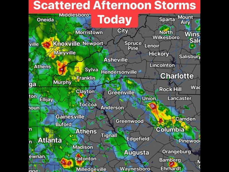 Scattered Afternoon Thunderstorms Returning Across Tennessee Georgia and the Carolinas Including Knoxville Asheville Atlanta and Charlotte Monday Afternoon Into Evening