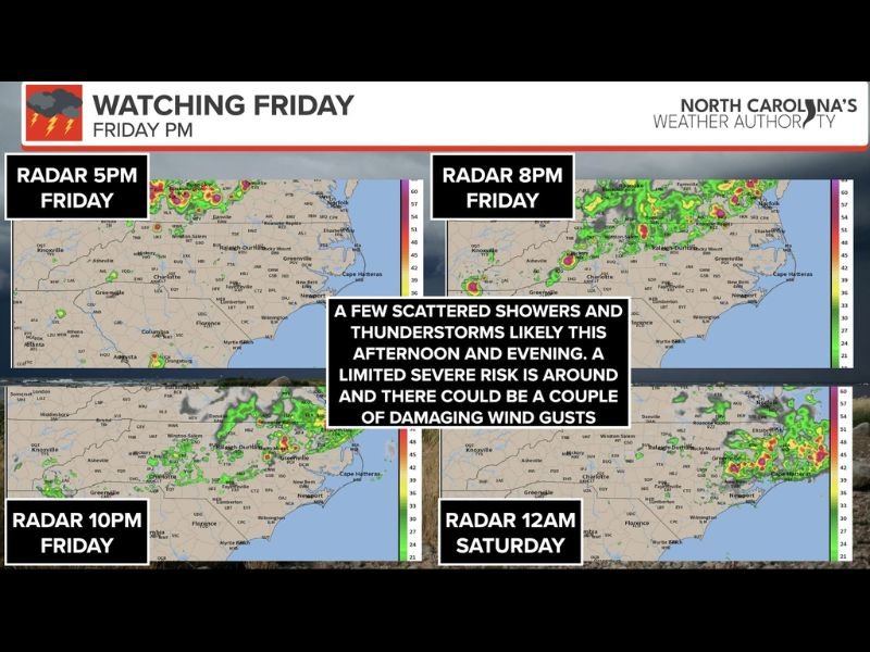 Scattered Storms With Damaging Wind Gusts Possible Across North Carolina Including Raleigh, Charlotte, and Greenville Friday Afternoon Through Midnight as Heat Tops Low 90s
