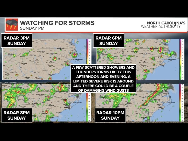 Scattered Strong to Severe Storms With Damaging Wind Gusts From Downbursts Possible Across North Carolina This Sunday Afternoon and Evening as Cooler Front Arrives Tonight