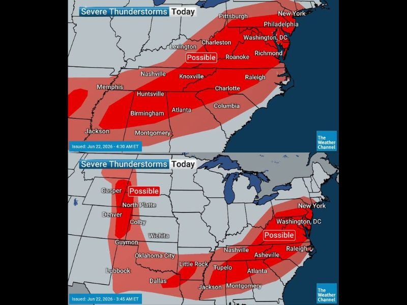 Severe Thunderstorms With 60 MPH Winds and Embedded Tornadoes Target New York to Alabama Today While Large Hail Threatens Colorado Nebraska and Wyoming
