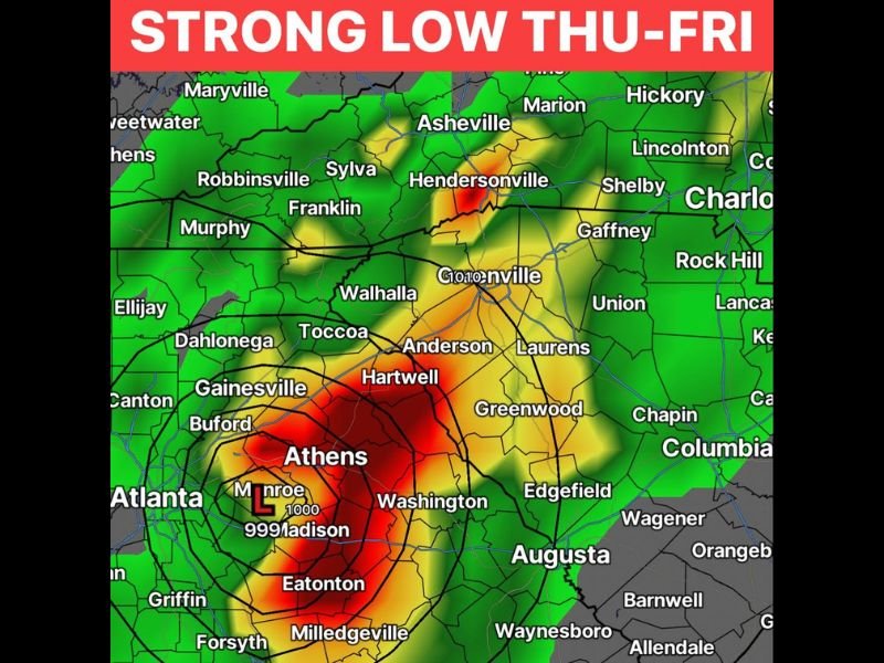 Strong Low Pressure System Brings Breezy Conditions and Possible Severe Storms to the Carolinas Including Asheville, Greenville, and Hendersonville Thursday Into Friday