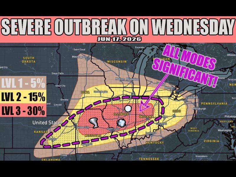 Strong Tornadoes, Destructive Winds, and Very Large Hail Threatens Missouri, Illinois, and Indiana as Upgrade to Level 4 Likely Wednesday