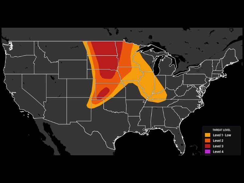 Strong Tornadoes and 60 to 80 MPH Wind Machine Targeting the Dakotas and Nebraska With Level 3 Enhanced Risk Running Well Into Tuesday Night