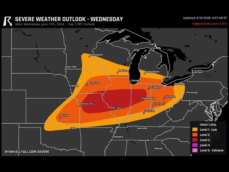 Strong Tornadoes and 70+ MPH Damaging Wind Gusts Expected Across Missouri, Illinois, and Indiana Under Level 3 Risk for Wednesday All-Hazards Severe Weather Event