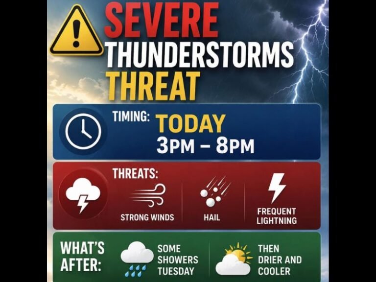 Strong Winds Hail and Frequent Lightning Possible With Severe Thunderstorms This Afternoon and Evening Between 3 PM and 8 PM Monday