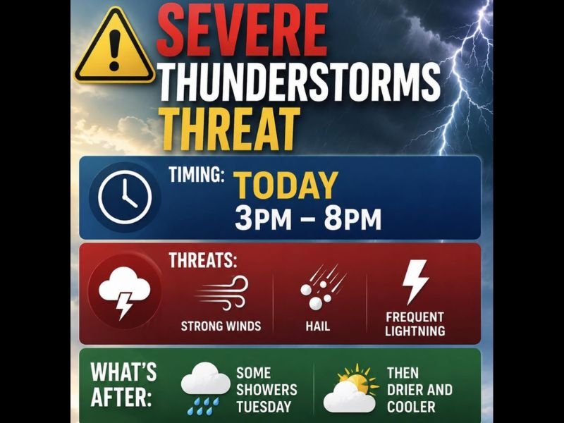 Strong Winds Hail and Frequent Lightning Possible With Severe Thunderstorms This Afternoon and Evening Between 3 PM and 8 PM Monday